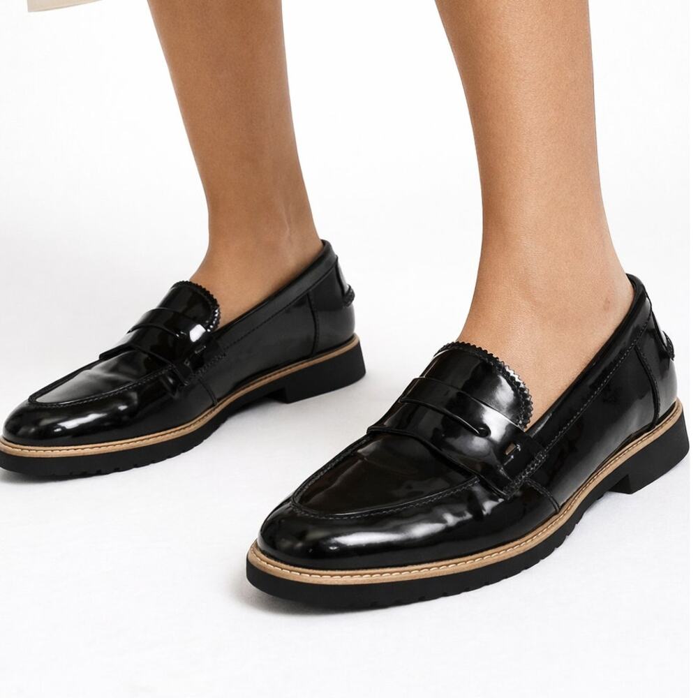 Franco Sarto Cedra Black Patent Chunky Loafers 8.5/9 Preppy Academia